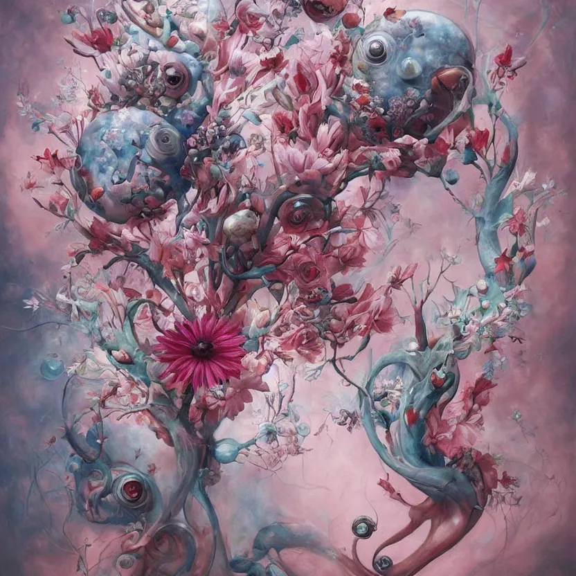 Prompt: a biomorphic painting of a vase with flowers and eyeballs in it, a surrealist painting by Marco Mazzoni, by Peter Mohrbacher, by Dorothea Tanning, pastel blues and pinks, featured on artstation, metaphysical painting, oil on canvas, fluid acrylic pour art, airbrush art,
