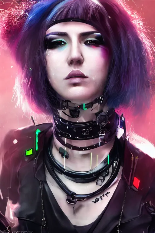 Image similar to detailed realistic female rock star cyberpunk wearing thick technological collar around neck, realistic, art, beautiful, 4K, collar, choker, collar around neck, punk, artstation, detailed, female, woman, choker, cyberpunk, neon, punk, collar, choker, collar around neck, thick collar, tight around neck, punk,