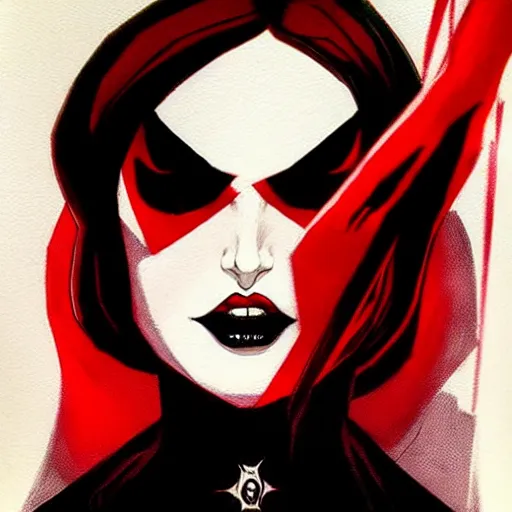 Image similar to rafael albuquerque comic art, peter mohrbacher, artgerm, joshua middleton, pretty evil elizabeth olson demon, black and red dress, symmetrical eyes