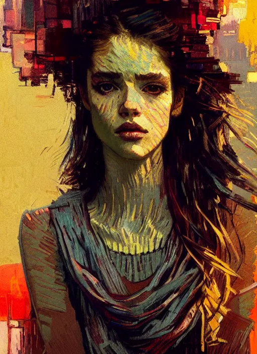 Image similar to portrait of a beautiful girl, new york backdrop, sad, sunset shades, beautiful face, rule of thirds, intricate outfit, spotlight, by greg rutkowski, by jeremy mann, by francoise nielly, by van gogh, digital painting