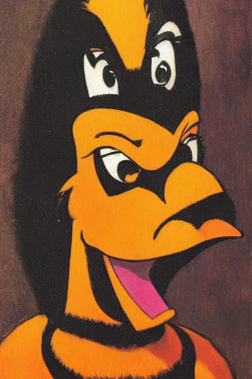 Prompt: a closer personal portrait of daffy duck with very piercing eyes, very charismatic. in the old ancient luxor temple. masterpiece, dark. painted by norman rockwell and james gurney