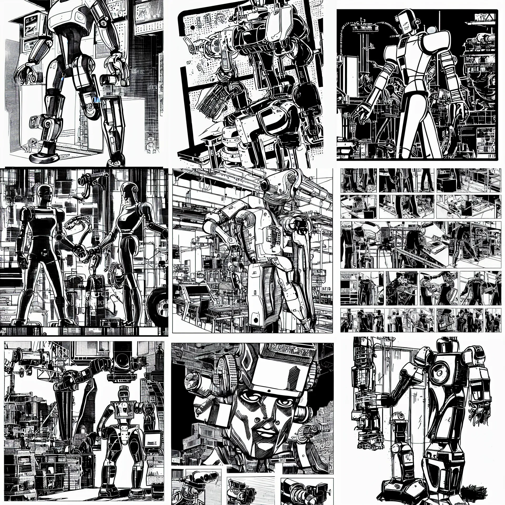 Prompt: humanoid industrial robot on a production line, a page from cyberpunk 2 0 2 0, style of paolo parente, style of mike jackson, 1 9 9 0 s comic book style, white background, ink drawing, black and white