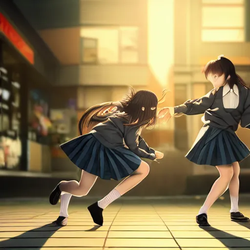 Image similar to two japanese schoolgirls fighting in the parking lot of a store at night, intricate details, complementary lighting, detailed face, backlighting, octane render, raytraced, depth of field, extremely detailed, trending in artstation, sharp focus, radiant light, beautiful composition, yihao ren, zochi, zero - hour, jean paul fiction