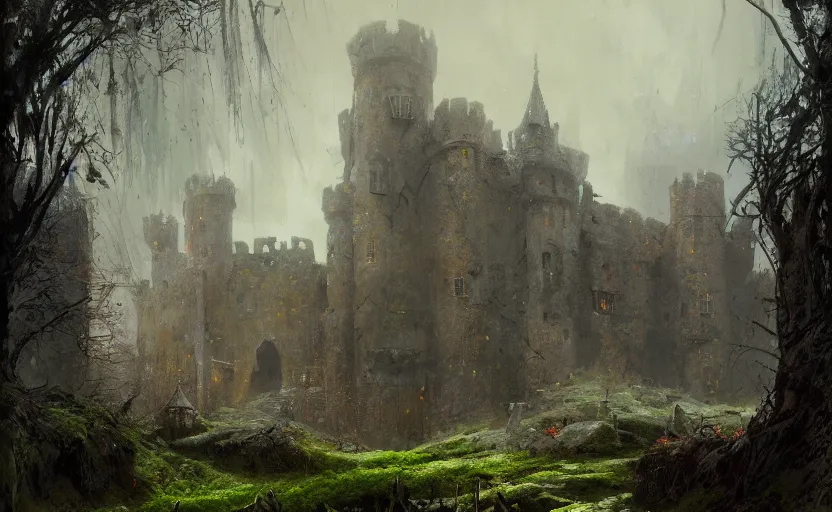 Prompt: painting of a medieval castle covered by vegetations and moss by greg rutkowski and Craig Mullins, Dark atmospheric sad and cinematic lighting, Trending on artstation