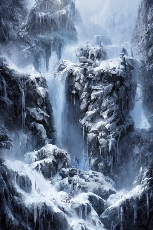 Image similar to crytal palace on top of a waterfall in the snow, blizzard, a small stream runs beneath the waterfall, landscape, raphael lacoste, eddie mendoza, alex ross, concept art, matte painting, highly detailed, rule of thirds, dynamic lighting, cinematic, detailed, denoised, centerd