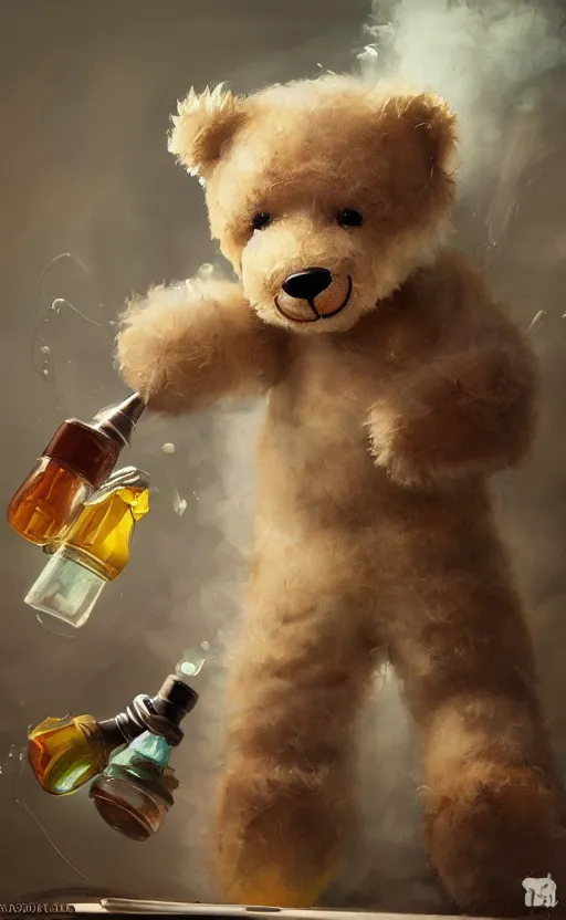 Prompt: a teddy bear mixing chemicals, mad scientist, oil painting, fantasy concept art, trending on art station, stunning visuals, creative, cinematic, ultra detailed