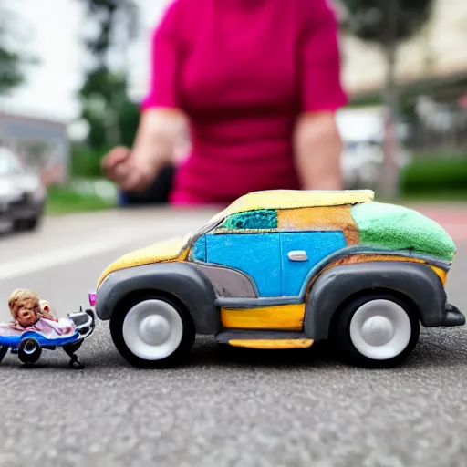 Prompt: elderly woman as a toy car, canon eos r 3, f / 1. 4, iso 2 0 0, 1 / 1 6 0 s, 8 k, raw, unedited, symmetrical balance, wide angle