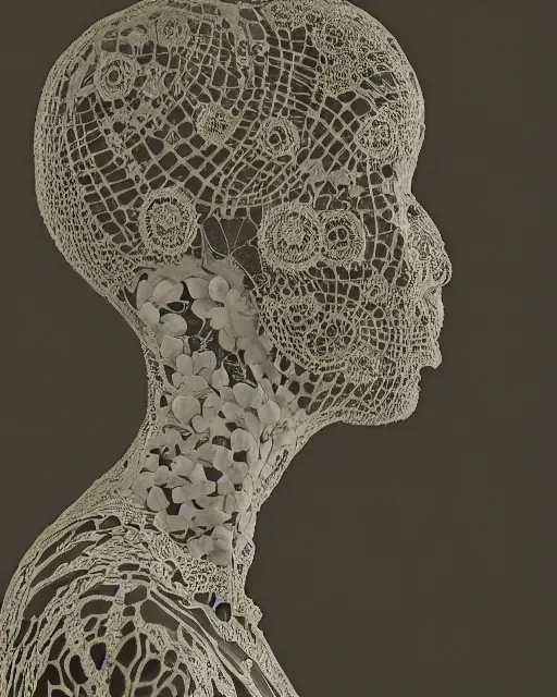 Image similar to a woman's face in profile, made of intricate decorative lace skeleton, in the style of the dutch masters and gregory crewdson, dark and moody