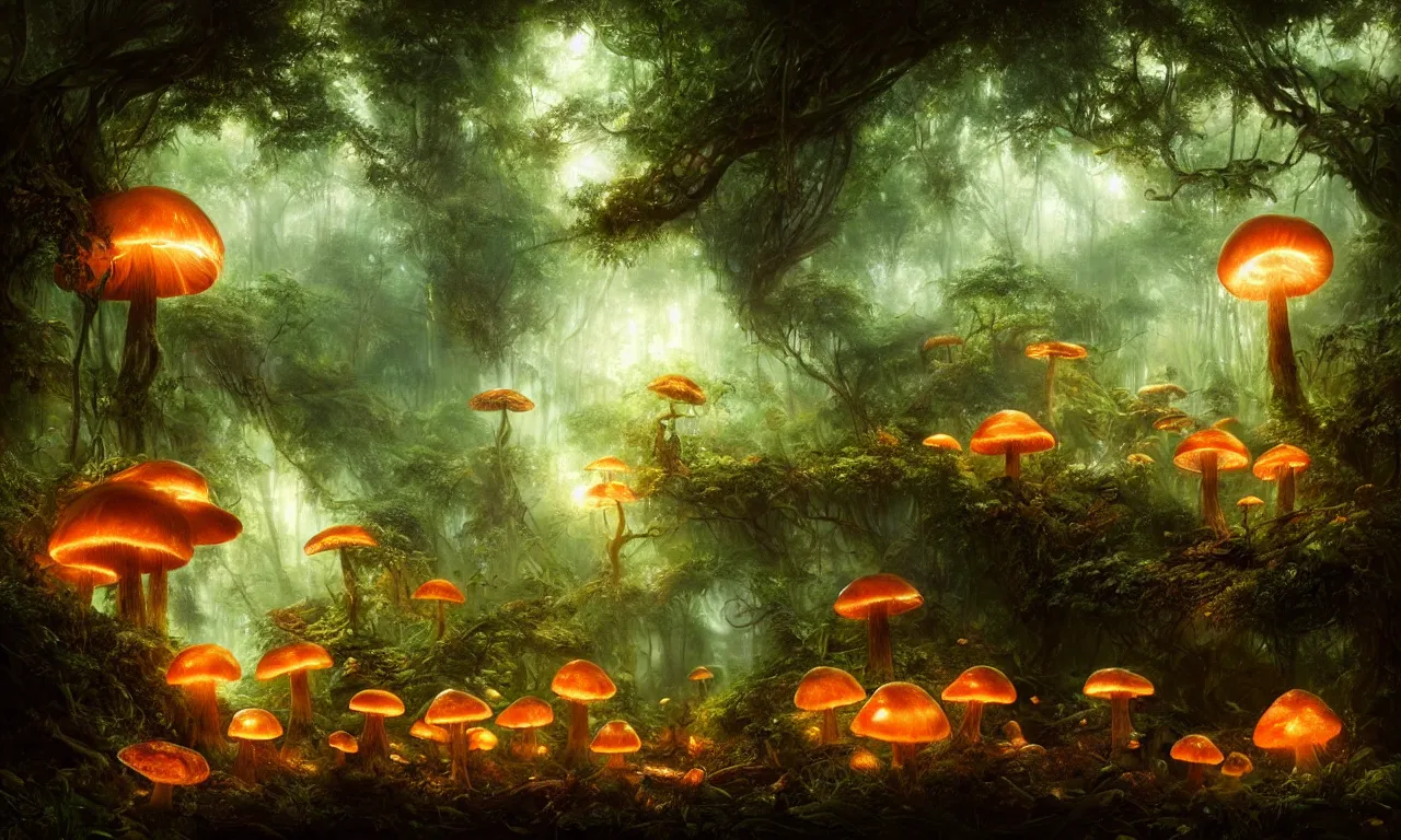 Image similar to glowing mushrooms in the jungle. andreas achenbach, artgerm, mikko lagerstedt, zack snyder, tokujin yoshioka