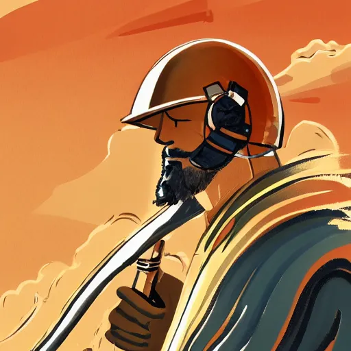 Prompt: man with sword and shield, wavy, gouache, abstract, smoke plume, digital illustration, clouds, helmet, sepia tone, golden hour, windy, shaded face, concept art, big brush