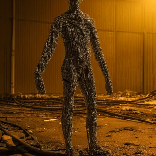 Image similar to a human figure wrapped in electrical wiring in a dirty abandoned industrial wasteland, moody, atmospheric, cinematic