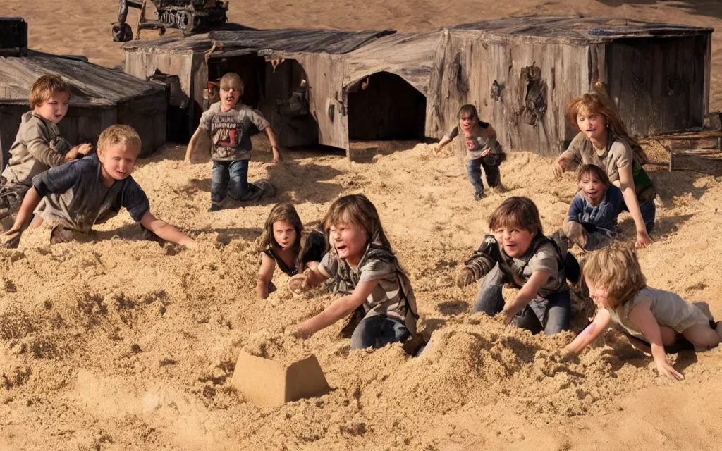 Prompt: wolfs and kids playing in the sandbox photo screen form michael bay film