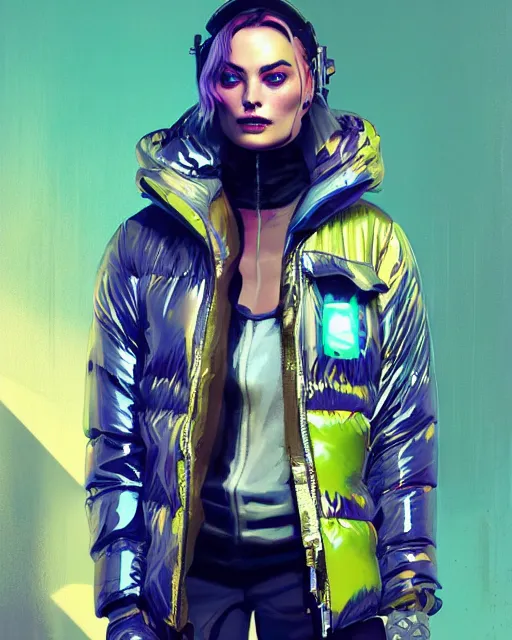 Image similar to neon operator margot robbie, cyberpunk futuristic neon, reflective puffer jacket, decorated with traditional japanese ornaments by ismail inceoglu dragan bibin hans thoma greg rutkowski alexandros pyromallis nekro rene maritte illustrated, perfect face, fine details, realistic shaded, fine - face, pretty face