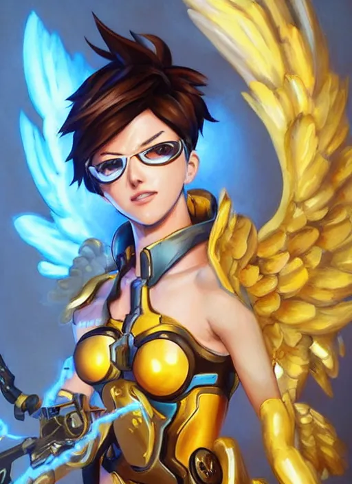 Image similar to full body oil painting of tracer overwatch in the style of artgerm, angel wings, angelic golden armor, dramatic painting, symmetrical composition, ornate, high detail, gold detailed collar!!!!!, blooming, lights, flowers, detailed face,