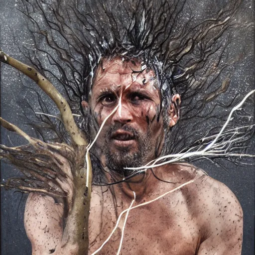 Image similar to The performance art shows a man caught in a storm, buffeted by wind and rain. He clings to a tree for support, but the tree is bent nearly double by the force of the storm. The man's clothing is soaked through and his hair is plastered to his head. His face is contorted with fear and effort. burnt sienna by Adonna Khare, by Syd Mead turbulent