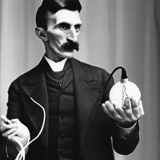 Image similar to Nikola Tesla trying to make electricity with a banana, ultra realistic, studio lighting