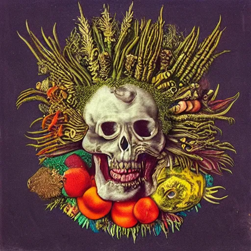 Image similar to punk album cover, blank banner on top, psychedelic, giuseppe arcimboldo