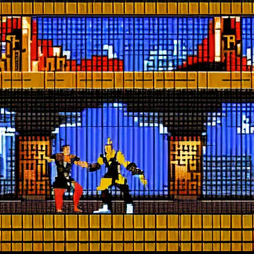 Image similar to mortal kombat match on the pit stage between bing crosby and frank sinatra, 1 6 bit graphics, pixellated, detailed