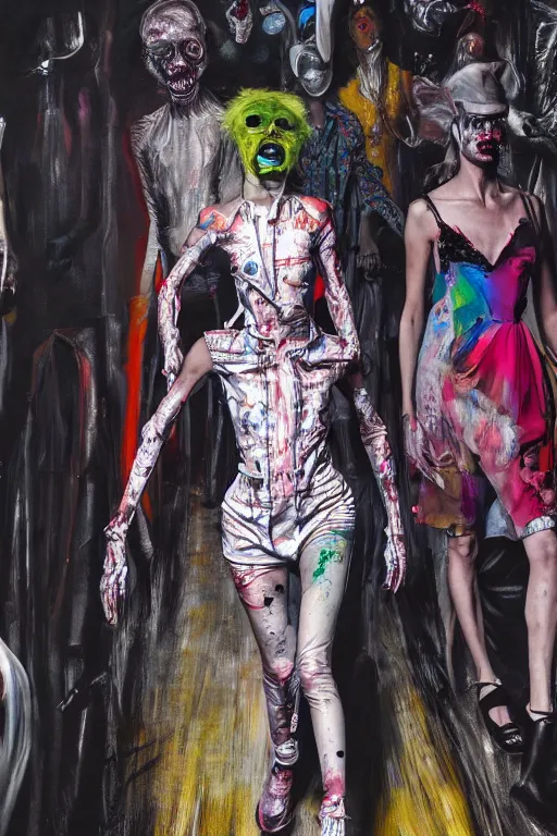 Image similar to crazy fashion catwalk, one model, crazy clothes, biopunk style, horror, hauntingly surreal, highly detailed painting by francis bacon, edward hopper, adrian ghenie, gerhard richter, and james jean soft light 4 k,