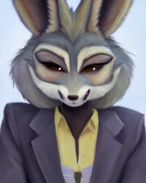 Prompt: beautiful oil painting of anthromorphic female wolf, in style of zootopia, zootopia, zootopia, fursona, furry, furaffinity, 4 k, deviantart, furry art, fursona art, wearing black business suit, business suit, in style of zootopia, wolf fursona, cyberpunk, female, very very expressive detailed feminine face,