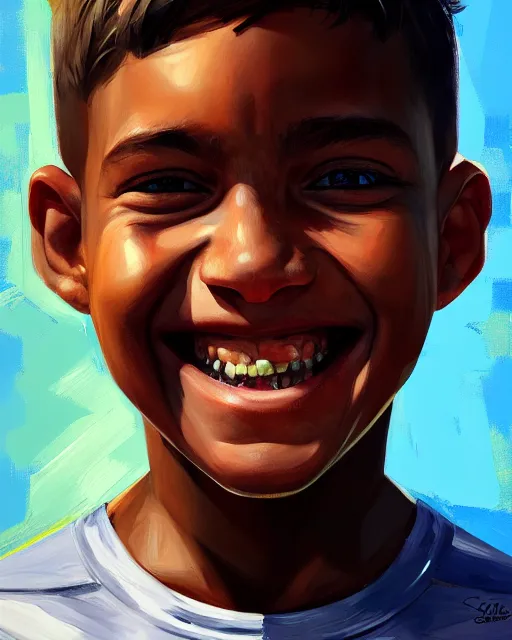 Image similar to painting, of smiling boy, shards of time, face portrait, centered portrait, medium full shot, illustration, highly detailed, simple, no jagged lines, smooth, artstation, artwork by obey, artwork by sandra chevrier