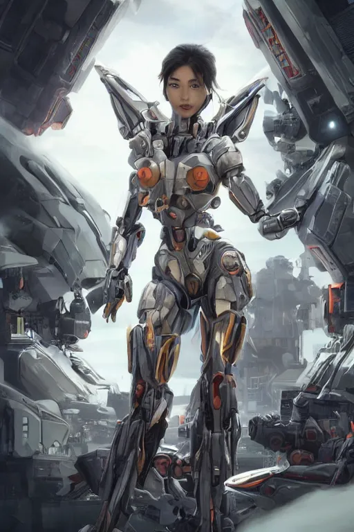 Prompt: a young attractive Asian woman in the pilot's seat of a massive sci-fi mecha, both arms showing, dramatic pose, LEDs, highly detailed, photorealistic, volumetric lighting, digital art, octane render, in the style of Artgerm and Tom Bagshaw