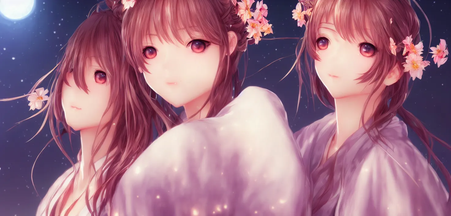 Image similar to portrait three beautiful anime girls wear coctail kimono closeup | | sunny night, full moon, dreamlike art, realistic shaded, smile, good looking, hyper details, 4 k realistic, cryengine, realistic shaded lighting poster by artgerm, ross tran, fuji choko, 8 k resolution, trending on artstation, luxury