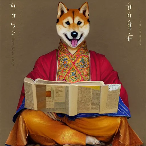 Prompt: lotus pose, anthropomorphic shiba inu, wearing ukrainian fasshion model traditional vyshyvanka clothes, reading book art of war, portrait art by donato giancola and greg rutkowski, realistic face, digital art, trending on artstation, symmetry