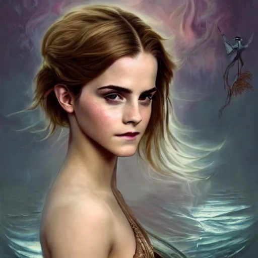 Prompt: Emma Watson as a beautiful mermaid, cute, fantasy, intricate, elegant, highly detailed, digital painting, 4k, HDR, concept art, smooth, sharp focus, illustration, art by artgerm and H R Giger and alphonse mucha