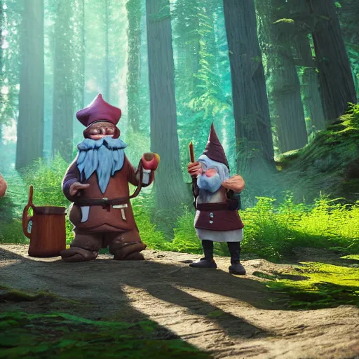 Image similar to a alchemist gnome buffing his gnome allies in a redwood forest, unreal engine, octane render, realistic, matte painting, masterpiece