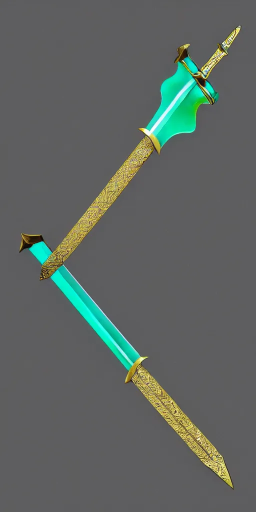 Image similar to photograph of a wide green and teal crystal sword blade attached to a big gold sword hilt