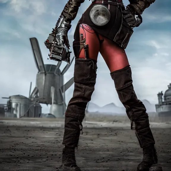 Image similar to full length photo of a very beautiful female atompunk warrior, 8 k, hdr, smooth, sharp focus, high resolution, award - winning photo