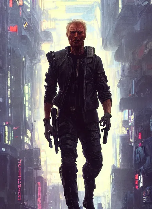 Image similar to clint eastwood. cyberpunk mercenary in a military vest ( blade runner 2 0 4 9, cyberpunk 2 0 7 7 ). orientalist portrait by john william waterhouse and james gurney and theodore ralli and nasreddine dinet, oil on canvas. cinematic, hyper realism, realistic proportions, dramatic lighting, high detail 4 k