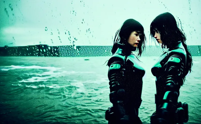 Image similar to cinestill 5 0 d candid action photographic portrait by quentin tarantino of two loving female androids wearing rugged black mesh techwear in treacherous waters, extreme closeup, modern cyberpunk retrofuturism moody emotional cinematic, pouring iridescent rain, 8 k, hd, high resolution, 3 5 mm, f / 3 2, motion blur, ultra realistic faces, ex machina