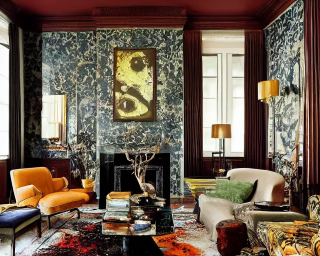 Image similar to Jackson Pollock themed interior design in a fancy mansion