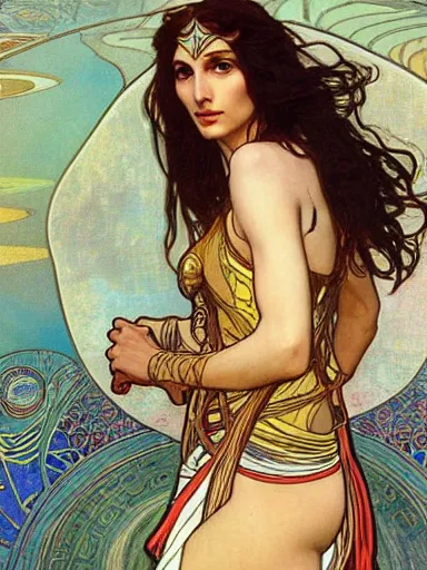 Image similar to a beautiful painting of gal gadot by Alphonse Mucha and by yoshitaka Amano and by Mark Brooks and by gustav klimt and by john william waterhouse, Art Nouveau, Neo-Gothic, gothic, award winning painting, hyperdetailed, detailed, full body