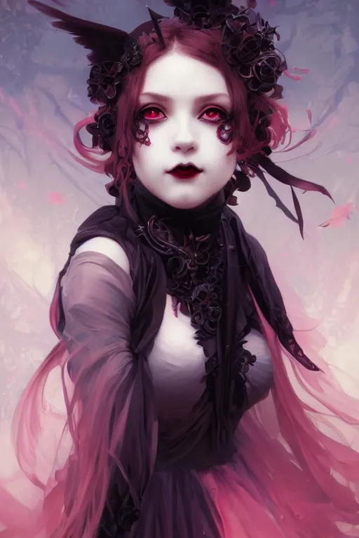 Image similar to portrait of radical lolita girl, dreamy and ethereal, red eyes, smiling expression, ornate goth dress, dark fantasy, chaotic, elegant, black crows flying, highly detailed, digital painting, artstation, concept art, smooth, sharp focus, illustration, art by artgerm and greg rutkowski and alphonse mucha