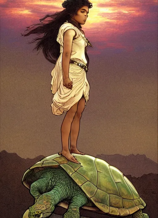 Image similar to a little warrior girl standing on top of one giant turtle in the desert. the girl has dark skin and beautiful green eyes, realistic full body and a very beautiful detailed symmetrical face with long black hair. diffuse light, dramatic sky and landscape, long shot fantasy illustration by mucha