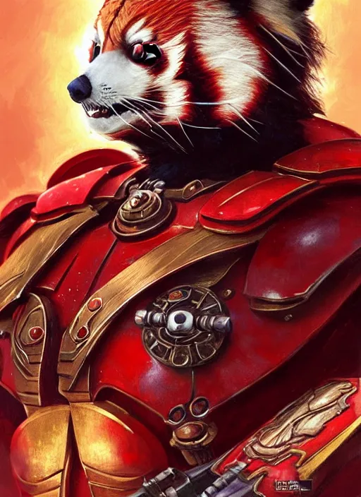 Image similar to red panda as warhammer 4 0 k!! emperor, gold, ruby gems, portrait, intricate, elegant, highly detailed, digital painting, artstation, concept art, wallpaper, smooth, sharp focus, illustration, art by h. r. giger and artgerm and greg rutkowski and alphonse mucha