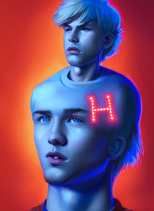 Image similar to portrait of high school senior boy named big moose, blonde short hair, jock, beefy, wide face, square jaw, square facial structure, blue varsity jacket with letter r, intricate, elegant, glowing lights, highly detailed, digital painting, artstation, concept art, sharp focus, illustration, art by wlop, mars ravelo and greg rutkowski