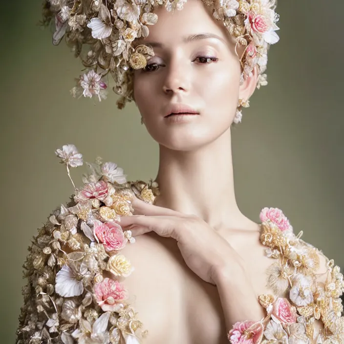 Prompt: photo portrait of a beautiful woman dressed in long elegant intricate ornamental ethereal floral dress, natural skin tone, highly detailed realistic flowers ornament in the upper side of breast, bust with a long beautiful neck , long blond hair are intricate with highly detailed realistic flowers, elegant, Realistic, Refined, Highly Detailed, natural outdoor soft pastel lighting colors scheme, outdoor fine art photography by la Chapelle, volumetric lighting, hyper realistic photography
