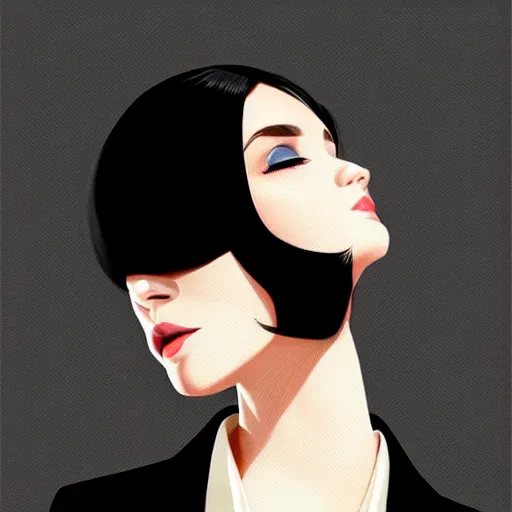 Prompt: young female in black tuxedo, corporate boss, luxury, muted colors, matte print, pastel colors, 2d, ultra highly detailed, smooth, sharp focus, digital art, digital painting, fan art, elegant, artstation, head is centered, by Ilya Kuvshinov