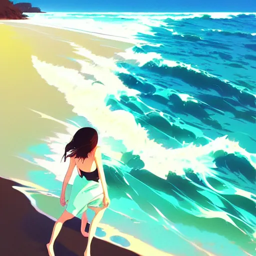 Prompt: Beautiful beach, crashing waves, Australian summer, muted colors, matte print, pastel colors, ornate, digital art, digital painting, fan art, elegant, pixiv, by Ilya Kuvshinov, by Studio Ghibli