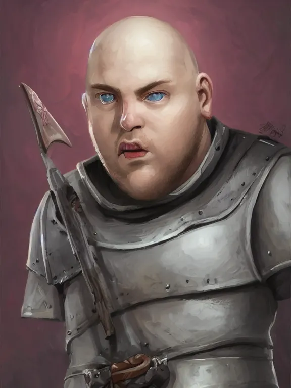 Prompt: rulf mournhell, solo male weary soldier, young adult, bald, lumpy head, blue eyes, oblong ugly face, overweight, many piercings, jovial, leather armor, shortsword, clear symmetrical eyes, a male dnd fighter's portrait, clear eyed, realistic, by brian patterson and rhads!!!, palette knife background