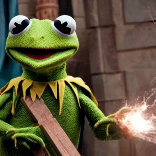 Image similar to photo of Kermit the frog as thor god of thunder in averngers movie