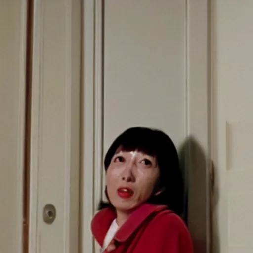 Prompt: ceo of binance changpeng zhao as shelley duvall in the iconic shining movie door axe
