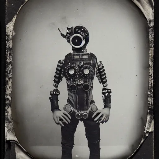 Image similar to tintype photographs of techno shamans, telepaths, dieselpunk cyborgs, masked heroes, irradiated humans, mystic mutates and monster hunters