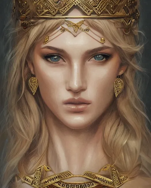 Image similar to tattoo design sketch of cute beautiful blonde super model as aphrodite greek goddess wearing a gold laurel wreath and triangle earrings, beautiful piercing gaze with sharp pupils, in the style of greg rutkowski, fantasy, amazing detail, epic, elegant, smooth, sharp focus, front view