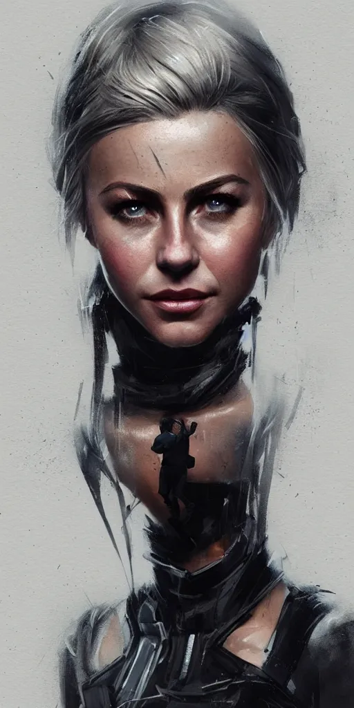 Image similar to portrait of julianne hough by greg rutkowski and wlop, a secret agent, wearing black shorts, wearing black boots, wearing a cropped top, blade runner, highly detailed portrait, digital painting, artstation, concept art, smooth, sharp focus ilustration, artstation, hq