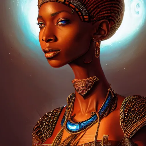 Image similar to highly detailed portrait of an african egyptian goddess, intricate alien technology, stephen bliss, unreal engine, fantasy art by greg rutkowski, loish, rhads, ferdinand knab, makoto shinkai and lois van baarle, ilya kuvshinov, rossdraws, tom bagshaw, global illumination, radiant light, detailed and intricate environment